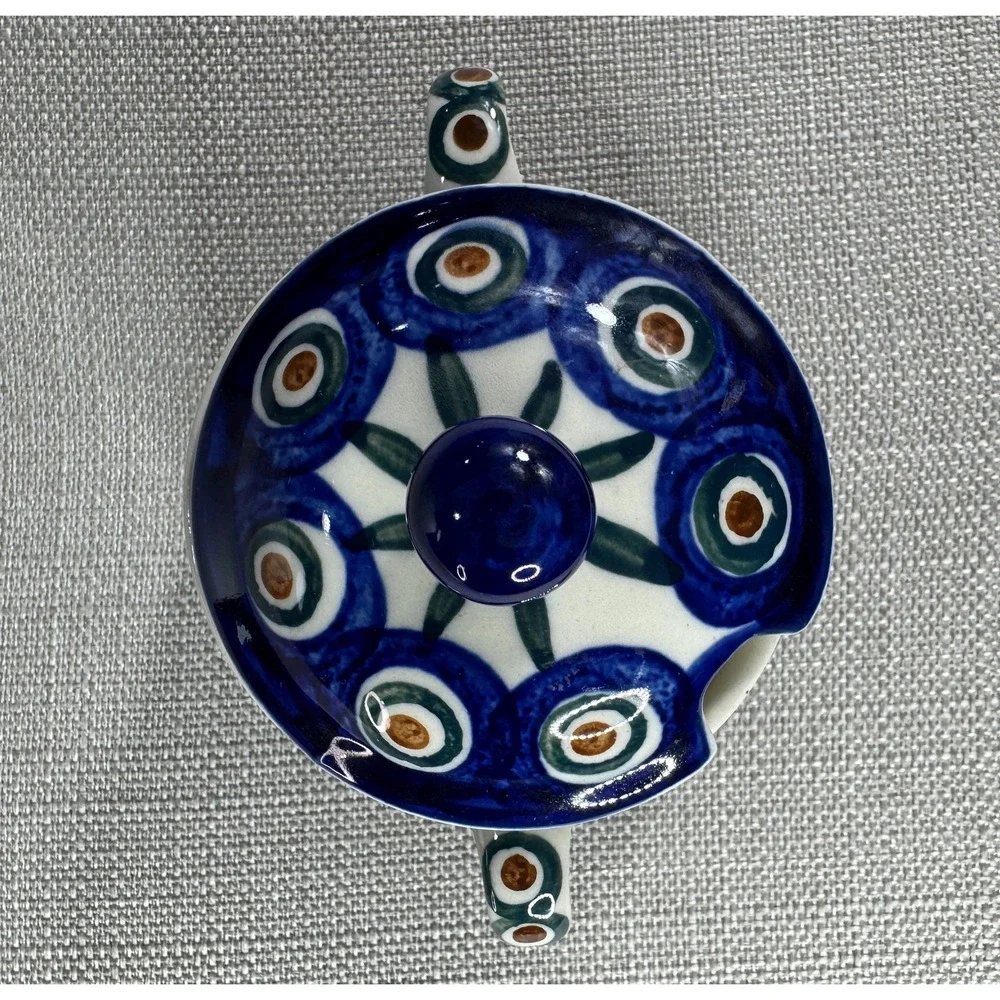Polish Pottery Peacock Double Handle Sugar Bowl with Lid